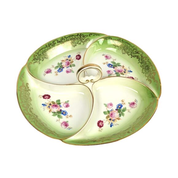 Vintage Tirschenreuth Bavaria Serving Tray: Green & Gold Floral Porcelain Dish - Picture 6 of 6